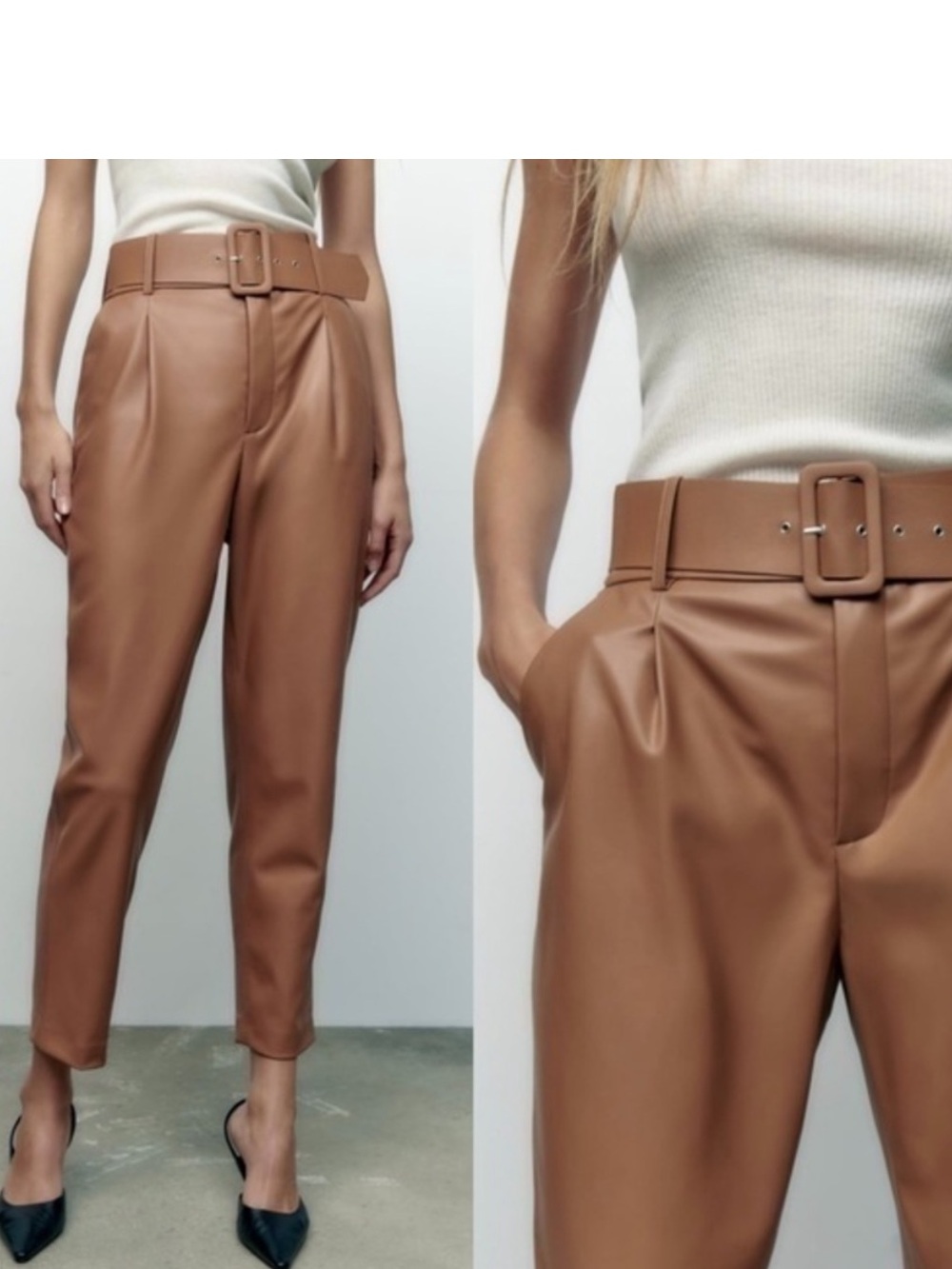 ZARA bloggers fav caramel brown belted faux leather pants Small